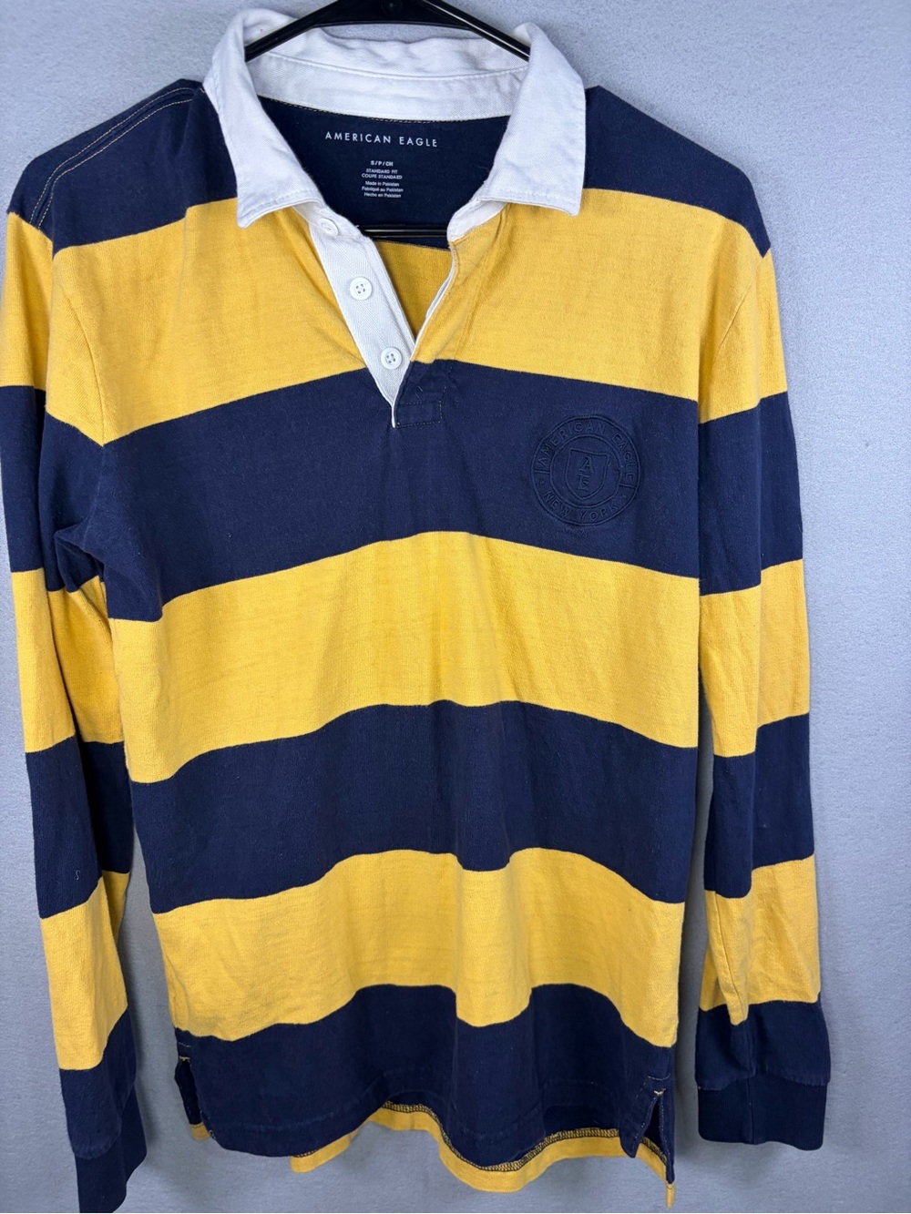 American Eagle Outfitters Navy and Yellow Striped Rugby Polo